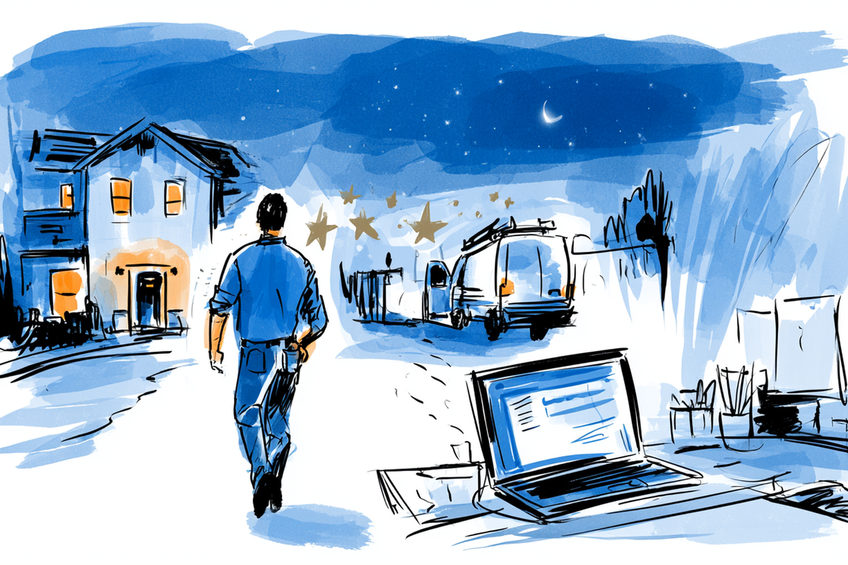 Watercolor sketch of a technician leaving a finished job while a laptop keeps working