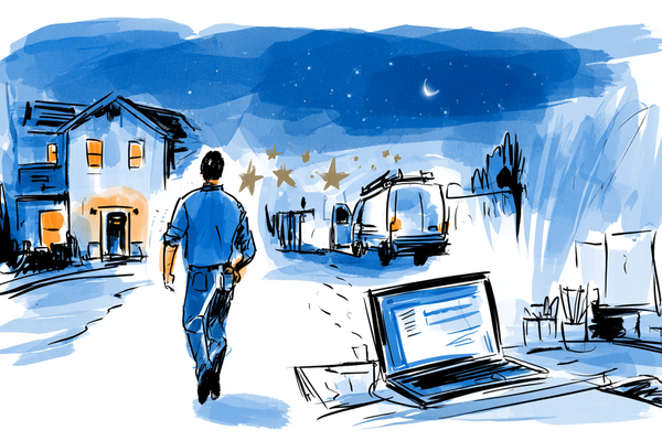 Watercolor sketch of a technician leaving a finished job while a laptop keeps working