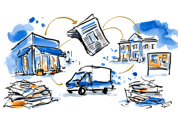Watercolor sketch of a local shop linked by gold threads to a newspaper, civic building, and bulletin board